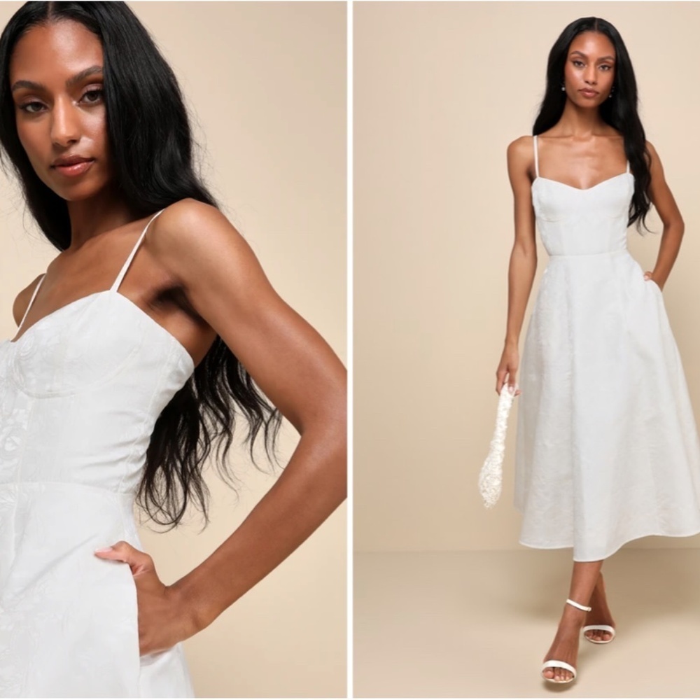 LULU's Bridal Shower Reception Elegant Bustier Floral Wedding Midi Dress NWOT